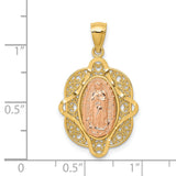 Our Lady of Guadalupe with Beaded Filigree Border Charm Pendant in Real 14k Multi-Tone Gold