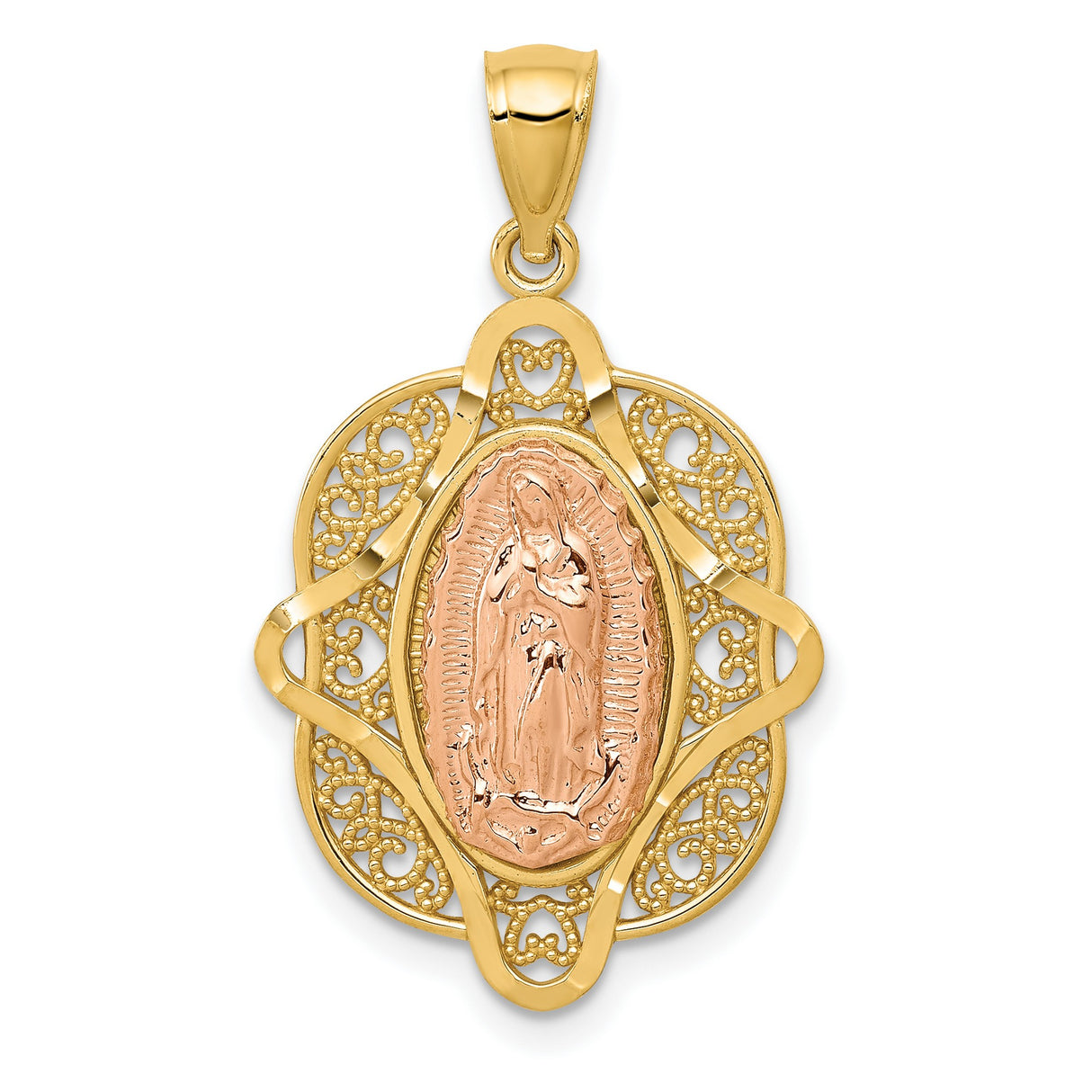 Our Lady of Guadalupe with Beaded Filigree Border Charm Pendant in Real 14k Multi-Tone Gold
