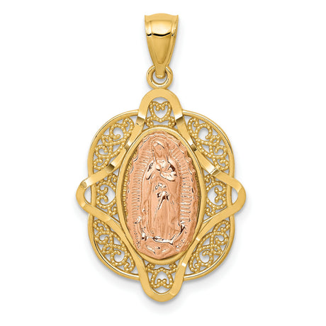 14k Two-Tone Gold Guadalupe Pendant with Filigree Border, Virgin Mary Religious Medal