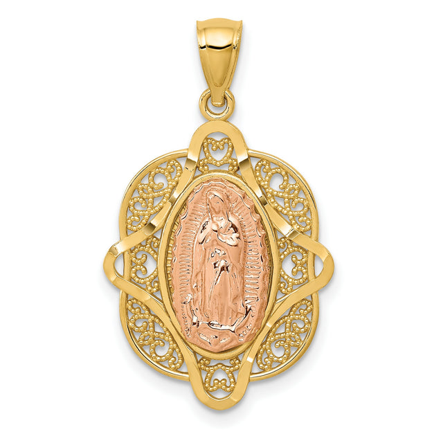 Our Lady of Guadalupe with Beaded Filigree Border Charm Pendant in Real 14k Multi-Tone Gold