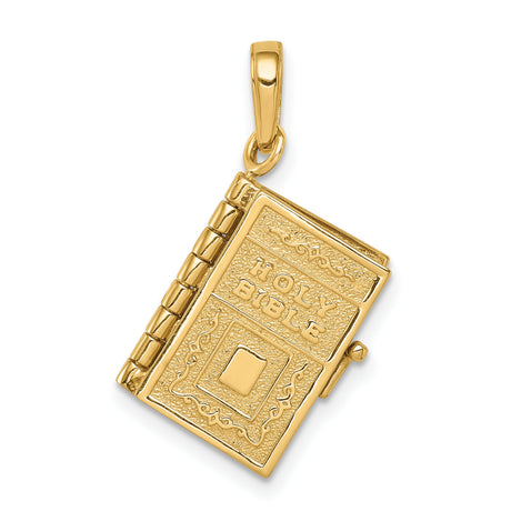 Opening Holy Bible Book With Lords Prayer Inside Charm Pendant in Real 14k Yellow Gold