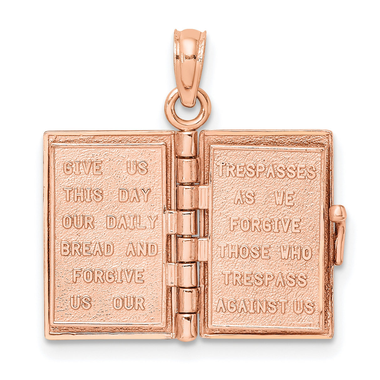 3D Holy Bible Lords Prayer Moveable Charm Pendant in Real 14k Rose Gold