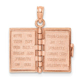 3D Holy Bible Lords Prayer Moveable Charm Pendant in Real 14k Rose Gold