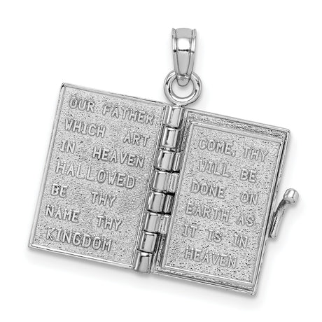 Opening Holy Bible Book With Lords Prayer Inside Charm Pendant in Real 14k White Gold