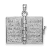 Opening Holy Bible Book With Lords Prayer Inside Charm Pendant in Real 14k White Gold