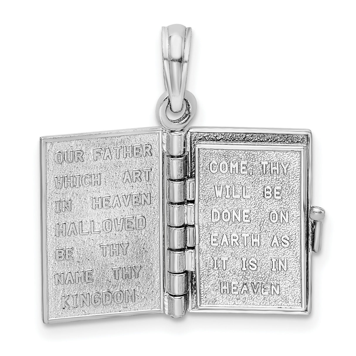 Opening Holy Bible Book With Lords Prayer Inside Charm Pendant in Real 14k White Gold