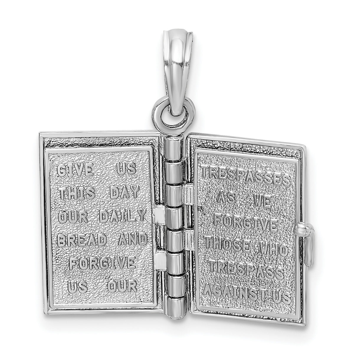 Opening Holy Bible Book With Lords Prayer Inside Charm Pendant in Real 14k White Gold