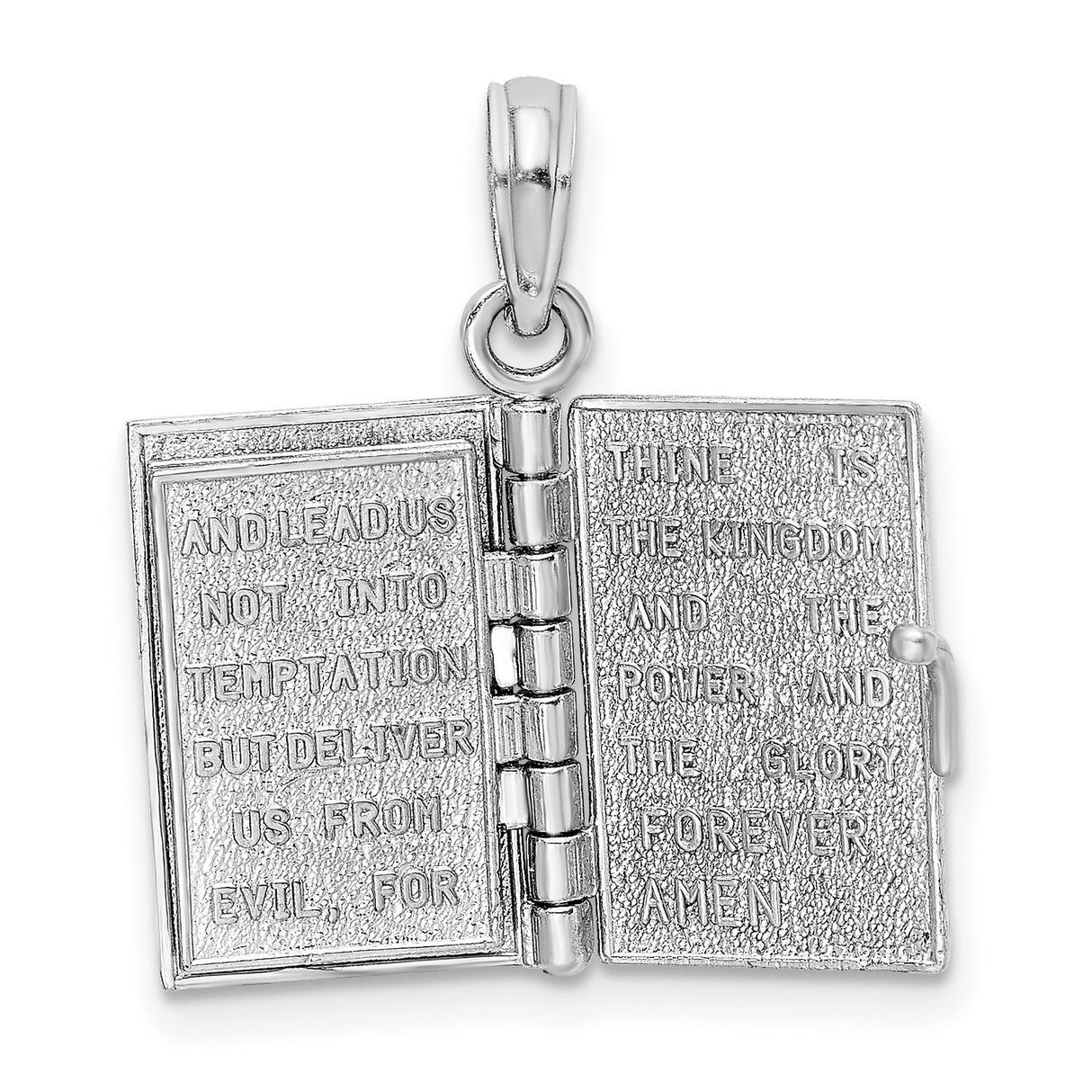 Opening Holy Bible Book With Lords Prayer Inside Charm Pendant in Real 14k White Gold