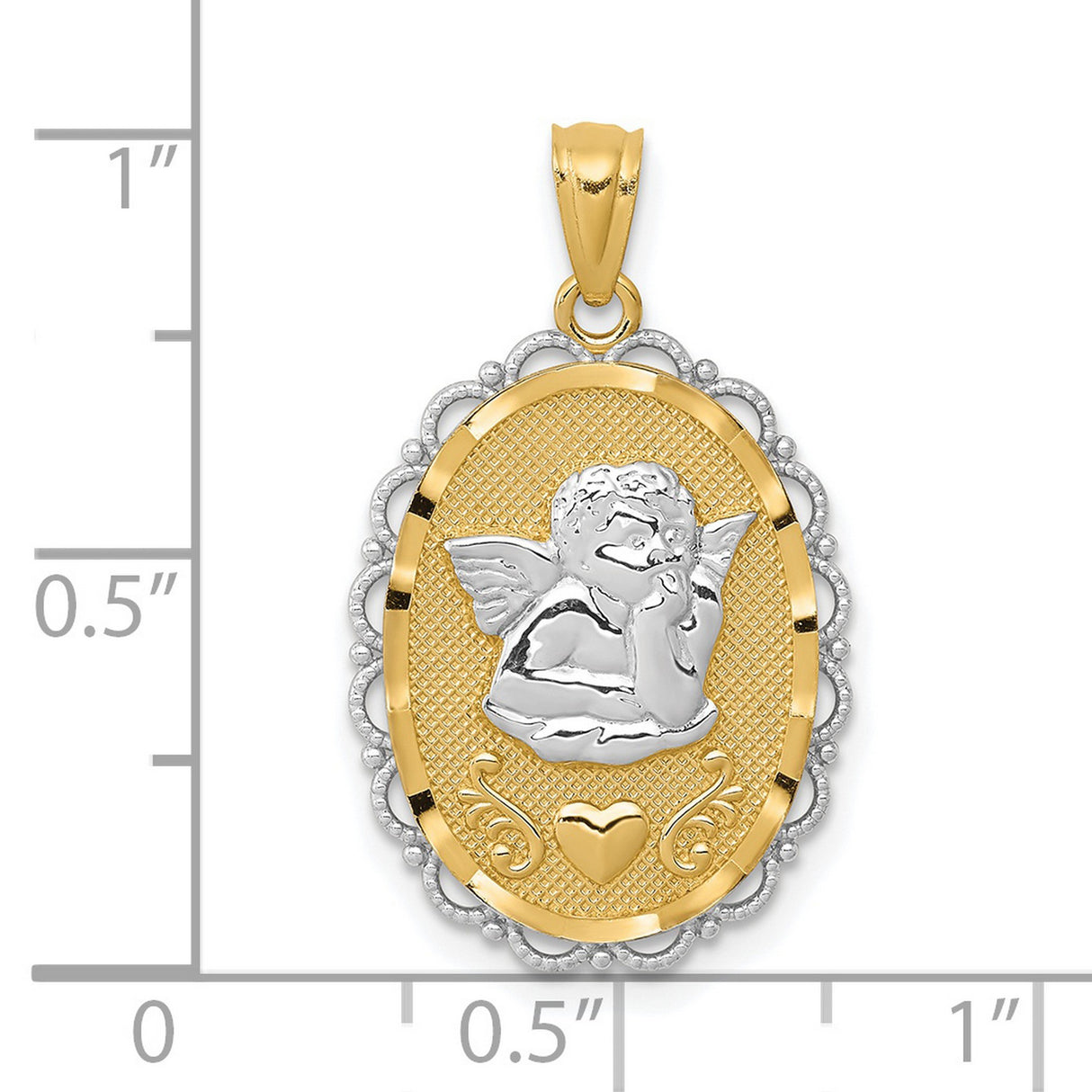 Cherub with Hand Chin Heart Oval Charm Pendant in Real 14k Multi-Tone Gold