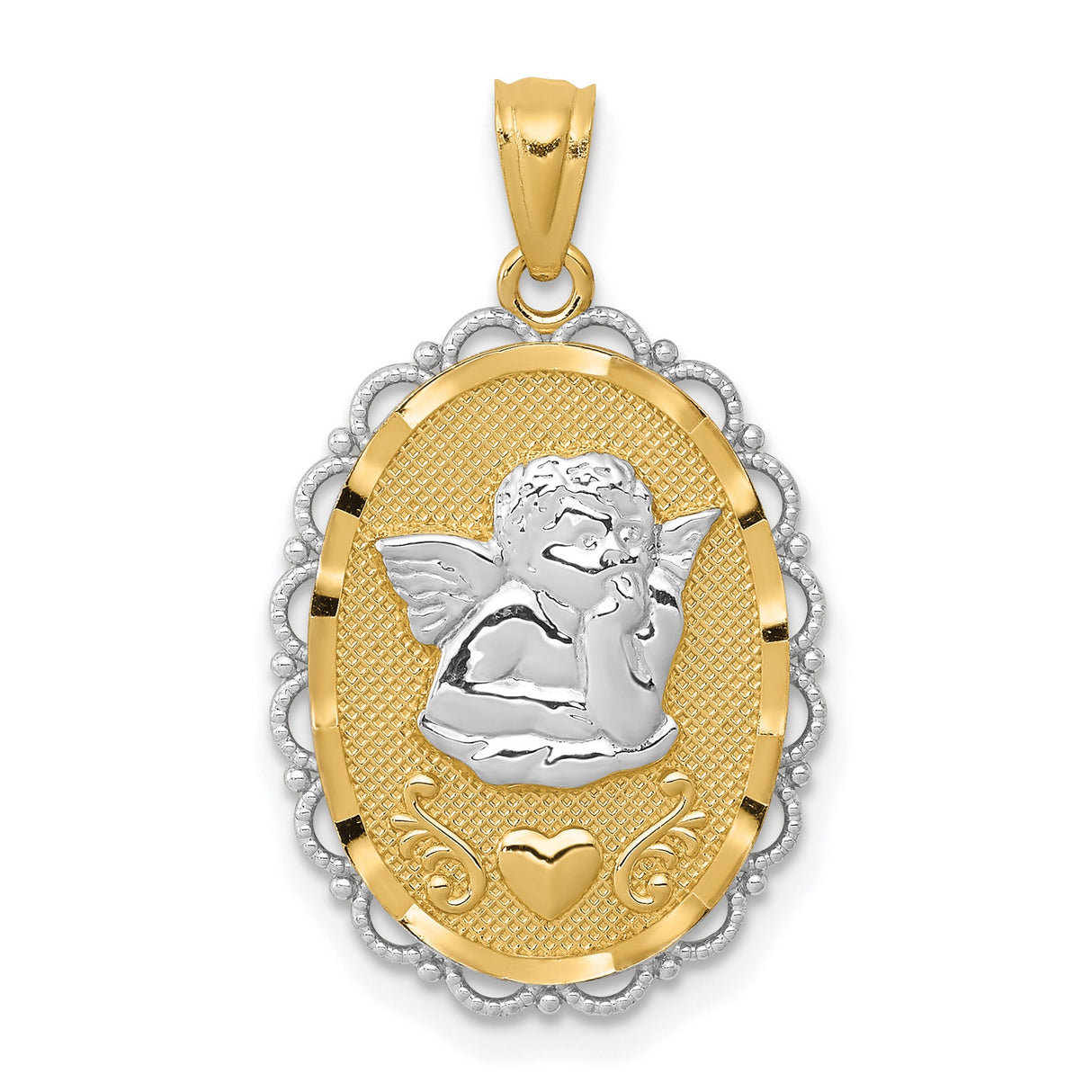 Cherub with Hand Chin Heart Oval Charm Pendant in Real 14k Multi-Tone Gold