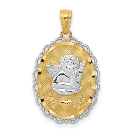 Cherub with Hand Chin Heart Oval Charm Pendant in Real 14k Multi-Tone Gold