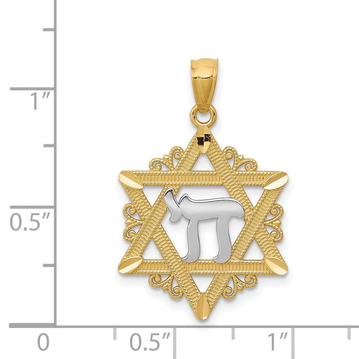 Star Of David With Rhodium Chai Life Symbol Charm Pendant in Real 14k Multi-Tone Gold