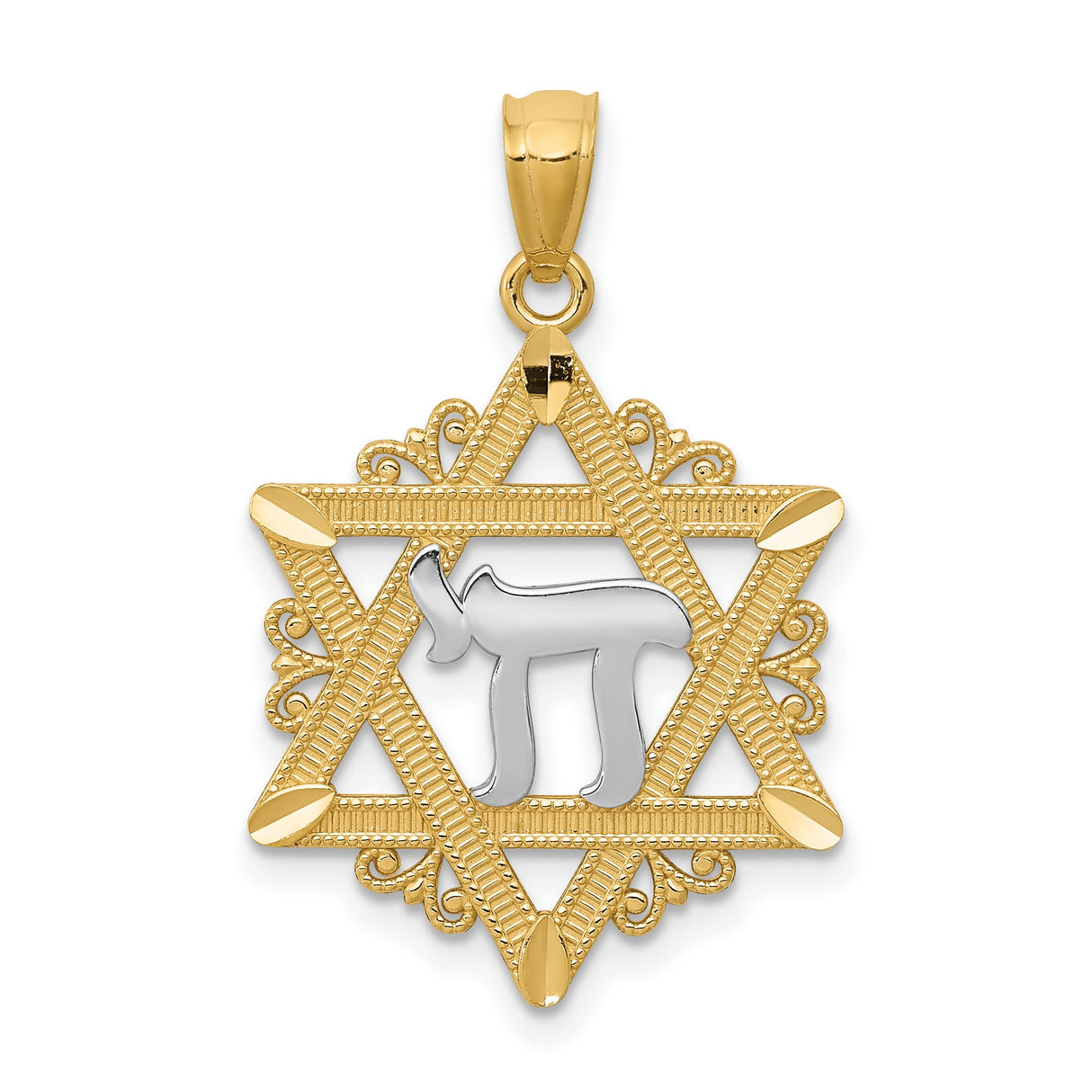 Star Of David With Rhodium Chai Life Symbol Charm Pendant in Real 14k Multi-Tone Gold