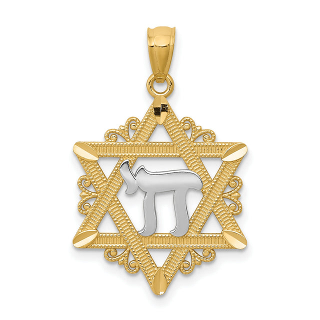 Star Of David With Rhodium Chai Life Symbol Charm Pendant in Real 14k Multi-Tone Gold