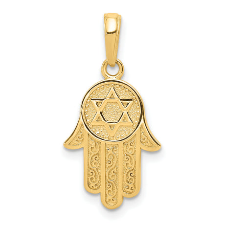 14k Yellow Gold Hamsa Hand Pendant with Star of David, Jewish Religious Symbol for Protection