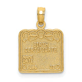 14k Yellow Gold Birth Certificate Pendant Charm with Engraving and Ribbon Detail