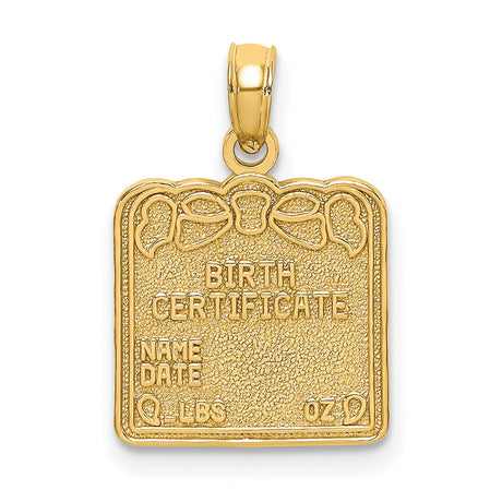 14k Yellow Gold Birth Certificate Pendant Charm with Engraving and Ribbon Detail