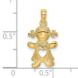 14k Yellow Gold Girl Silhouette Pendant with Heart Cutout and Pigtail Bows