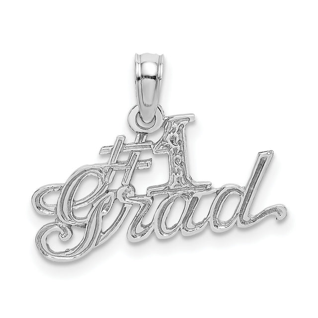 #1 Grad Words Graduation Day Charm Pendant in Real 14k White Gold