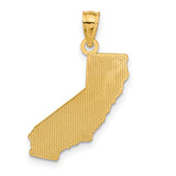 14k Yellow Gold California Map Pendant with Raised Lettering and Textured Outline Charm