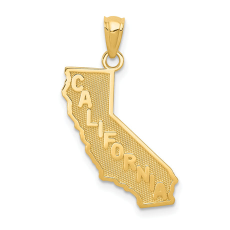 14k Yellow Gold California Map Pendant with Raised Lettering and Textured Outline Charm