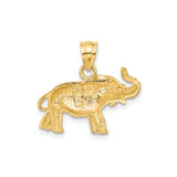 14k Yellow Gold Elephant Pendant with Raised Trunk, Satin Finish, Open Back Charm