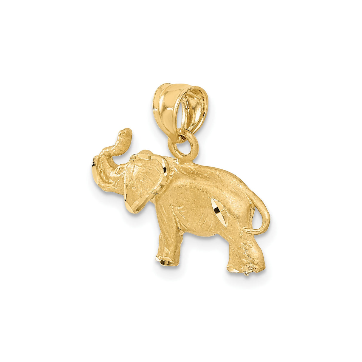 14k Yellow Gold Elephant Pendant with Raised Trunk, Satin Finish, Open Back Charm