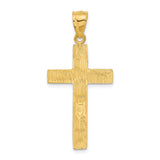 14k Yellow Gold Cross Pendant, Diamond Cut Latin Cross with Beveled Edge and Bark Texture