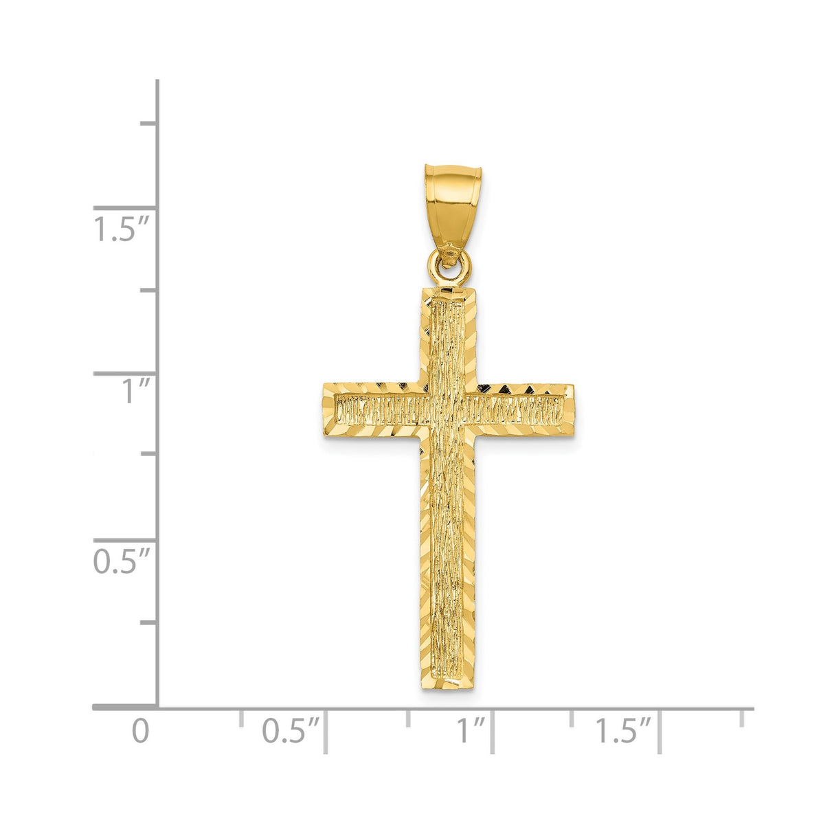 14k Yellow Gold Cross Pendant, Diamond Cut Latin Cross with Beveled Edge and Bark Texture