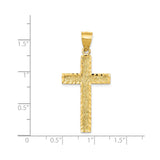 14k Yellow Gold Cross Pendant, Diamond Cut Latin Cross with Beveled Edge and Bark Texture