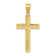 14k Yellow Gold Cross Pendant, Diamond Cut Latin Cross with Beveled Edge and Bark Texture