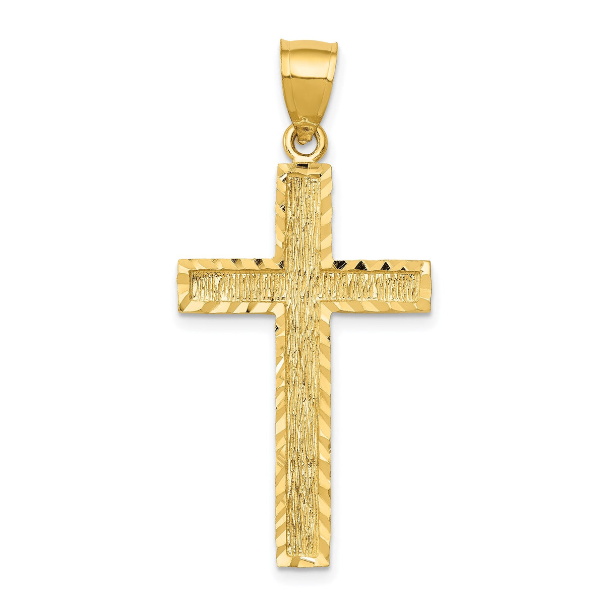 14k Yellow Gold Cross Pendant, Diamond Cut Latin Cross with Beveled Edge and Bark Texture