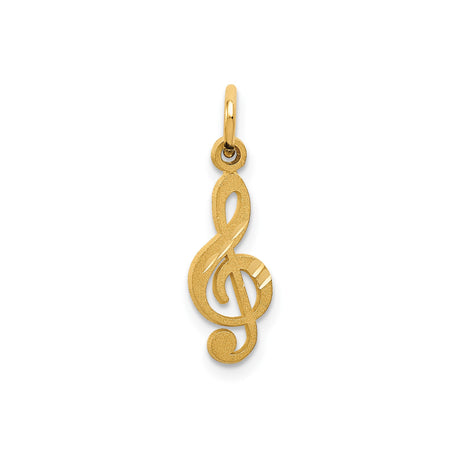 14k Yellow Gold Treble Clef Pendant Charm, Polished Satin Musical Note Jewelry