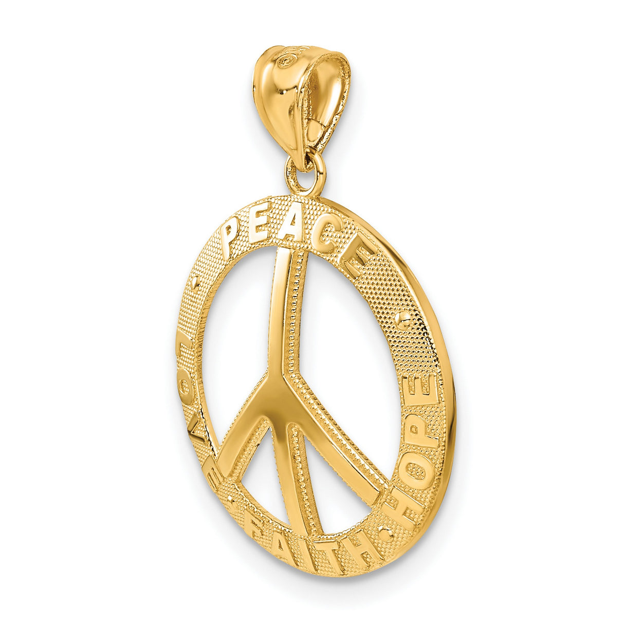 14k Yellow Gold Peace Sign Pendant with Love Faith Hope Words, Unisex Symbolic Charm