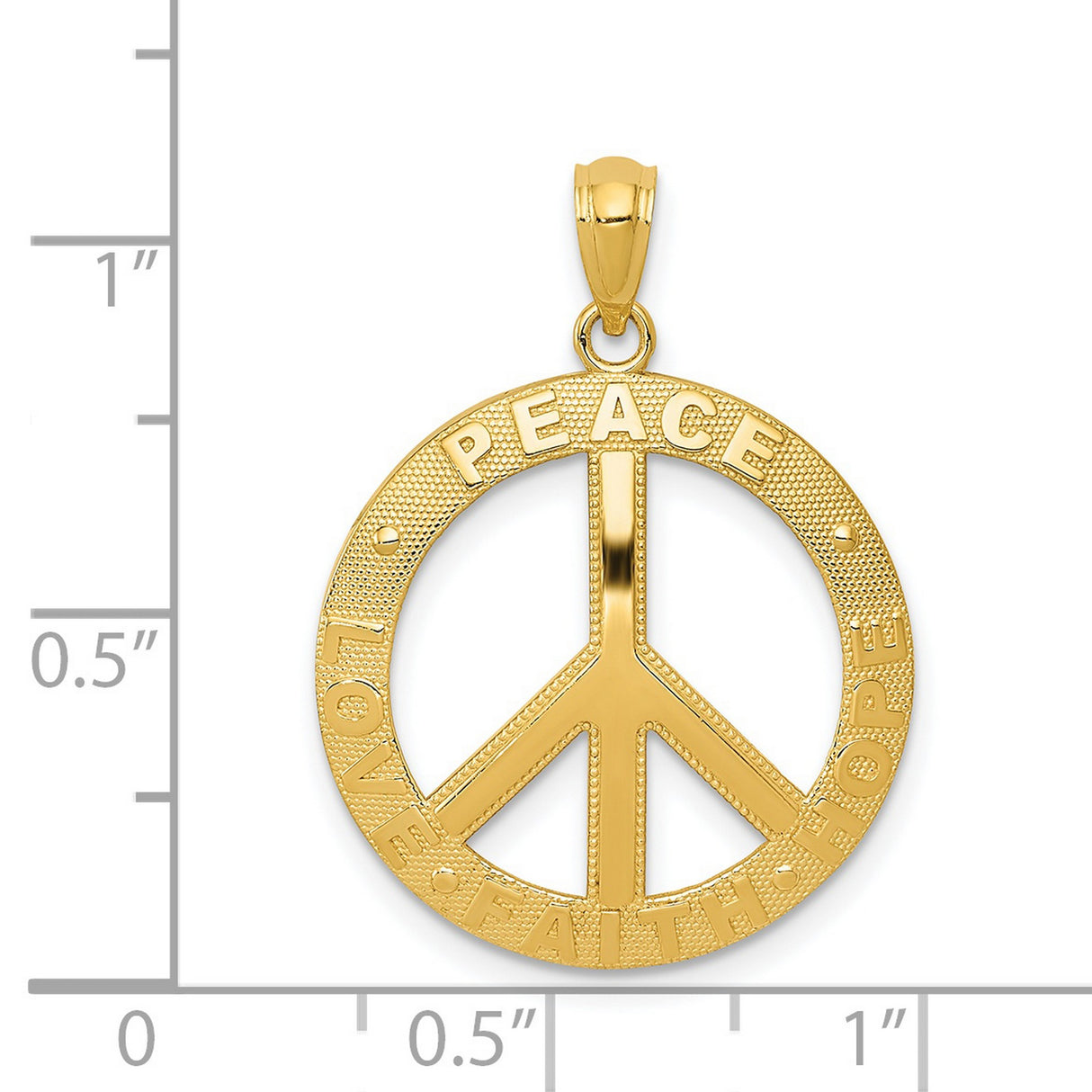 14k Yellow Gold Peace Sign Pendant with Love Faith Hope Words, Unisex Symbolic Charm