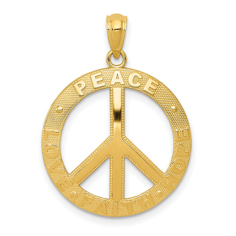 14k Yellow Gold Peace Sign Pendant with Love Faith Hope Words, Unisex Symbolic Charm