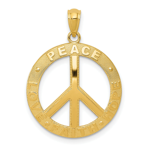 14k Yellow Gold Peace Sign Pendant with Love Faith Hope Words, Unisex Symbolic Charm