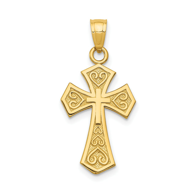 14k Yellow Gold Reversible Faith Cross Pendant with Scrollwork and Textured Design