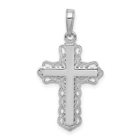 Lace Trim Cross Charm Pendant in Real 14k White Gold