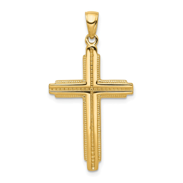14k Yellow Gold Latin Cross Pendant with Beaded Border and Milgrain Detail