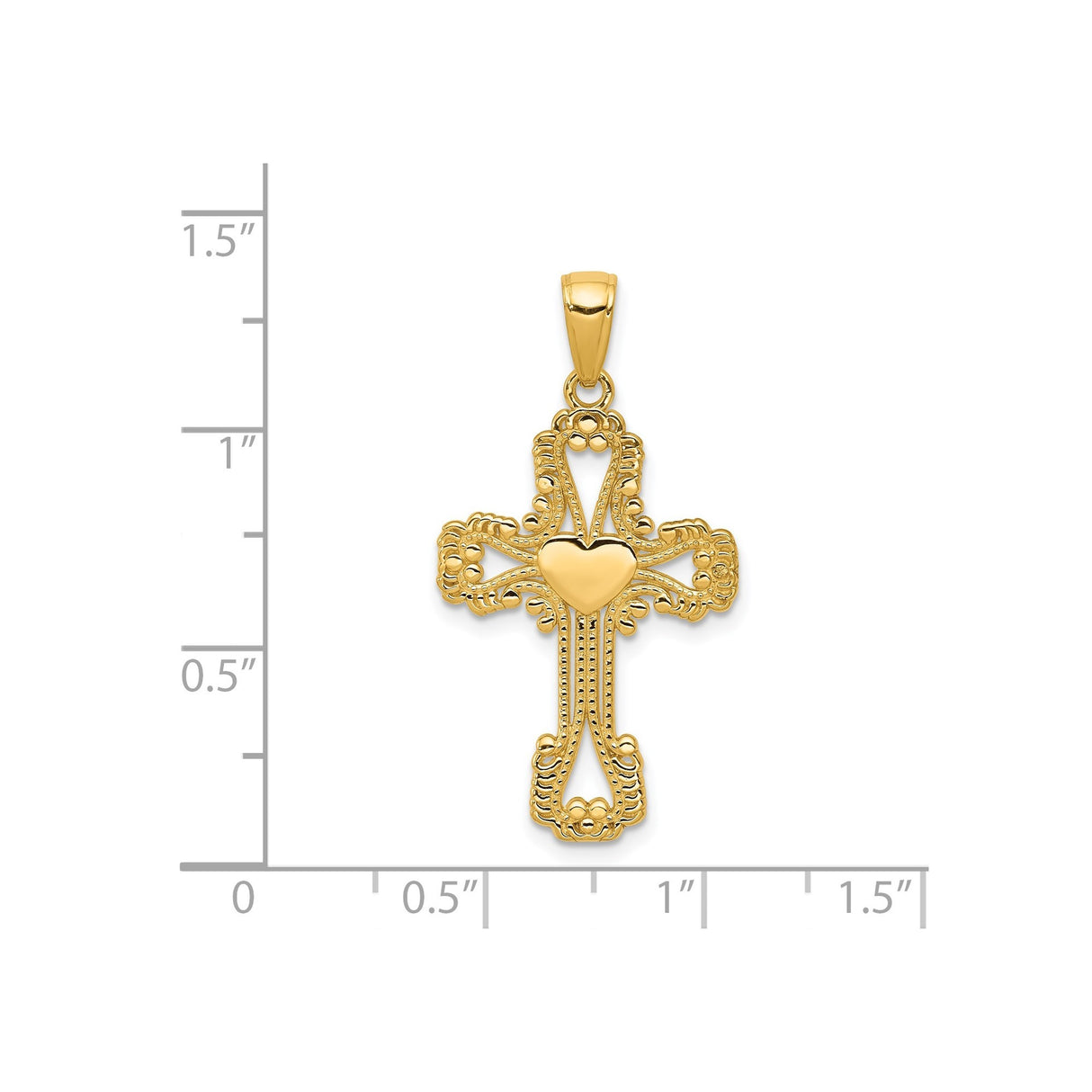 14k Yellow Gold Cross Pendant with Filigree Heart Design, Christian Religious Jewelry