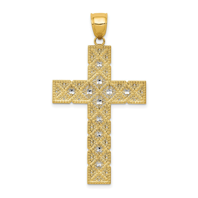 Diamond-Cut Filigree Style Latin Cross Charm Pendant in Real 14k Multi-Tone Gold