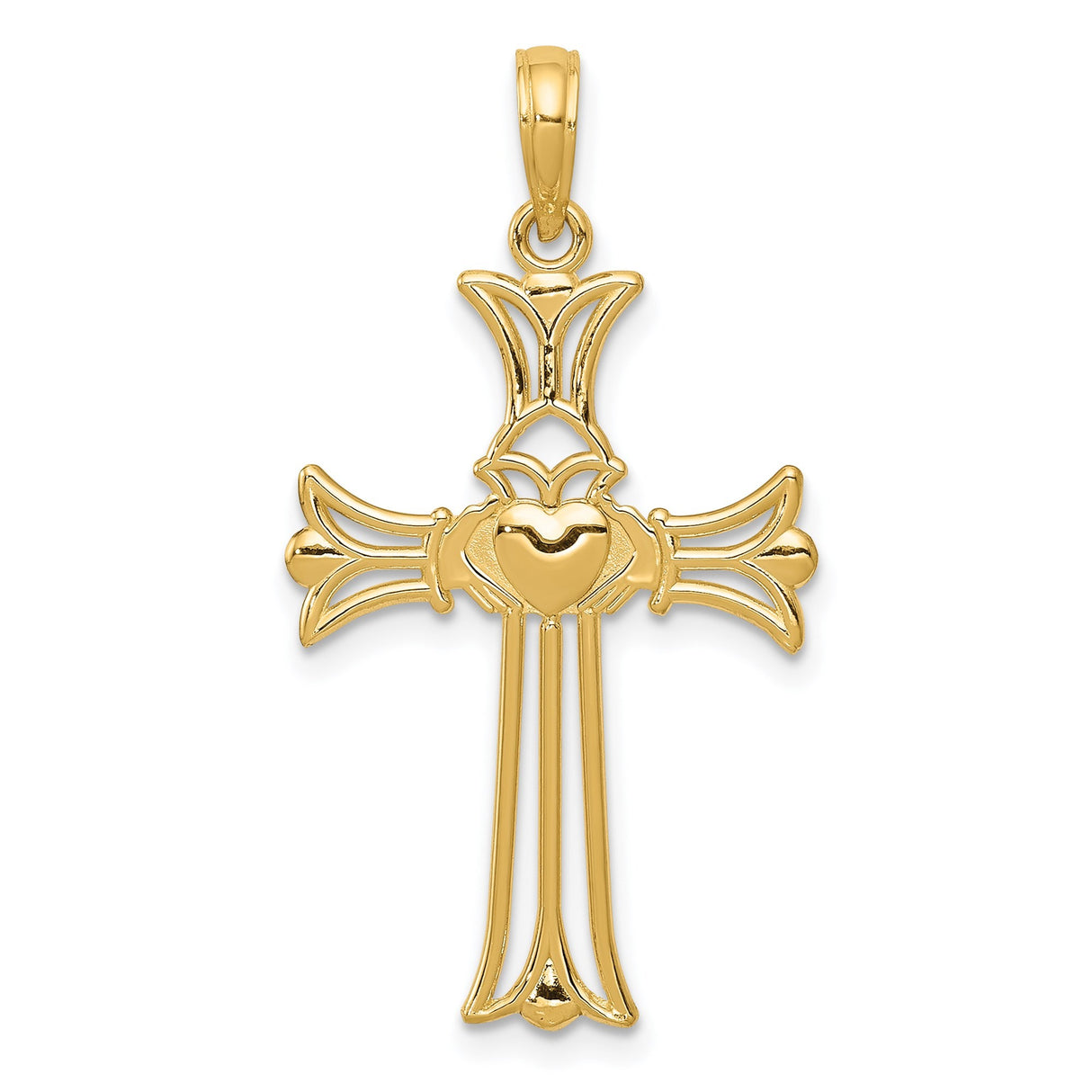 14k Yellow Gold Claddagh Cross Pendant, Polished Patonce Design with Crown Heart Symbol