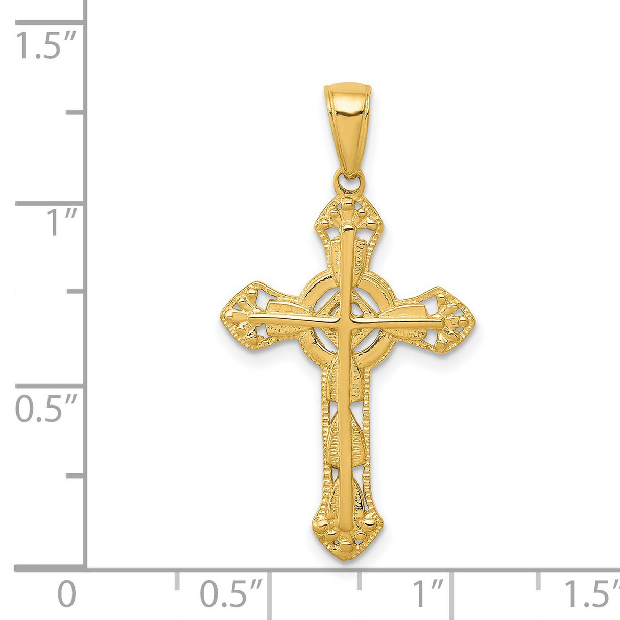 14k Yellow Gold Cross Pendant with Ornate Openwork Design, High Polish Religious Jewelry for Men and Women