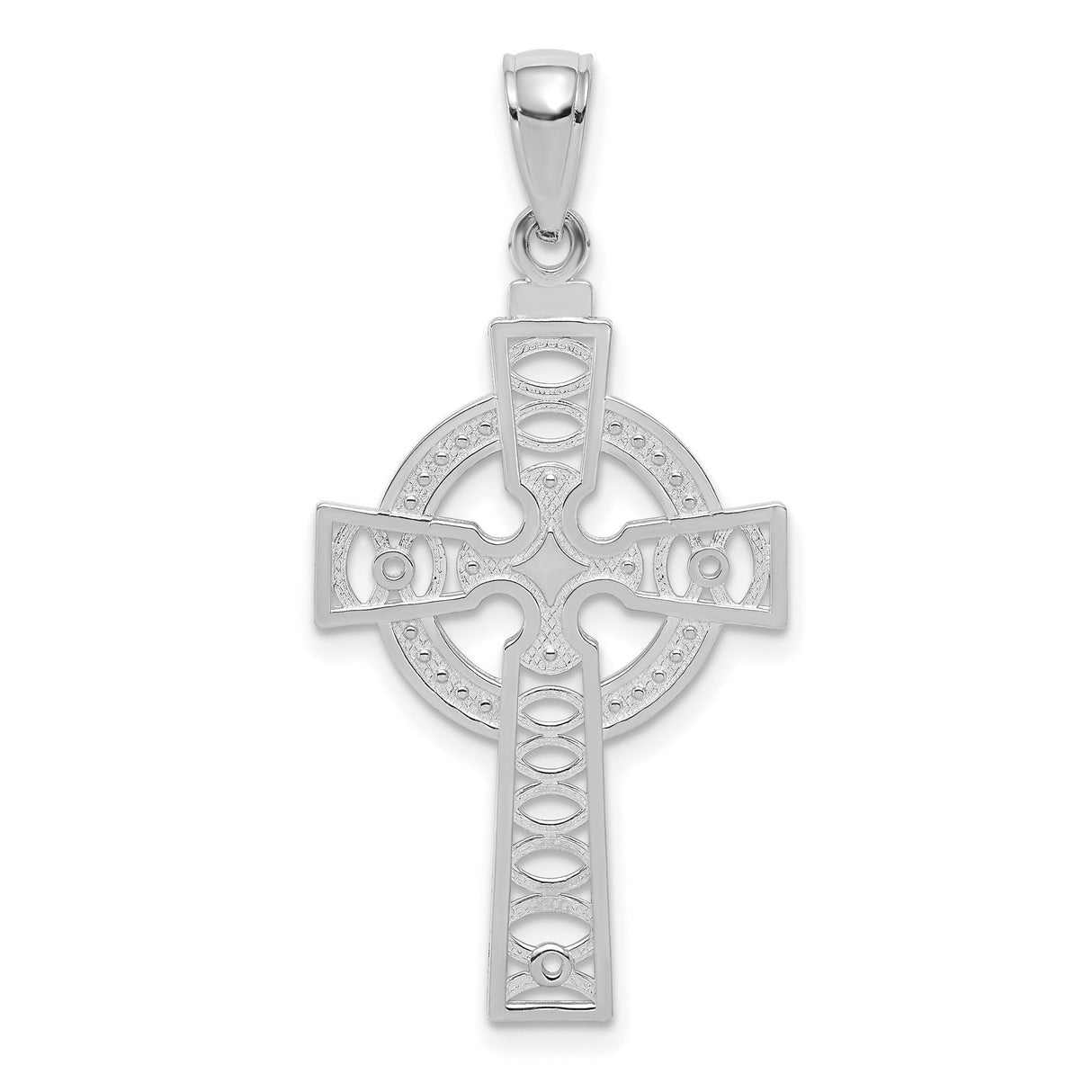 14k White Gold Celtic High Cross Pendant with Hammered Finish Open Arms Design