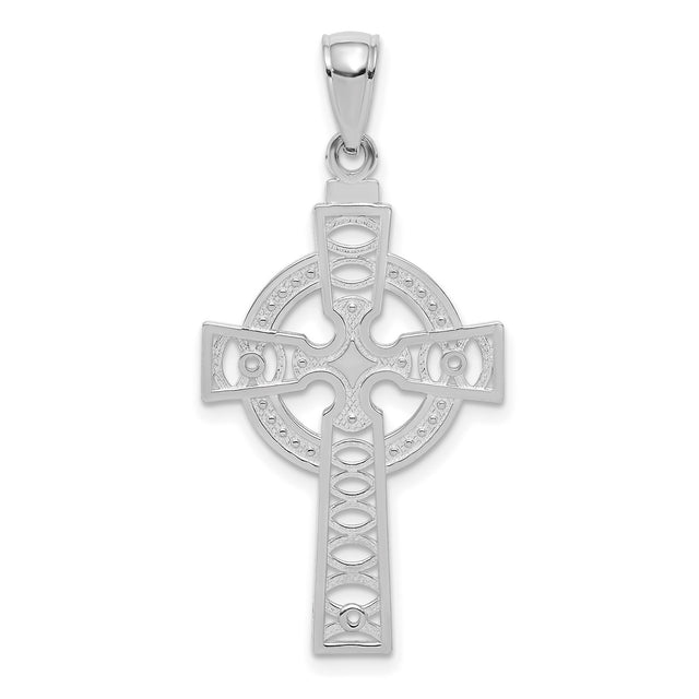 14k White Gold Celtic High Cross Pendant with Hammered Finish Open Arms Design