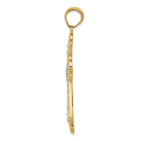 14k Multi-Tone Gold Cross Pendant with Filigree Fleur De Lis Design for Men and Women