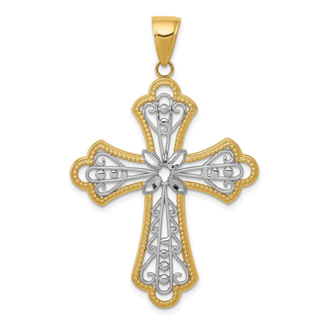 14k Multi-Tone Gold Cross Pendant with Filigree Fleur De Lis Design for Men and Women