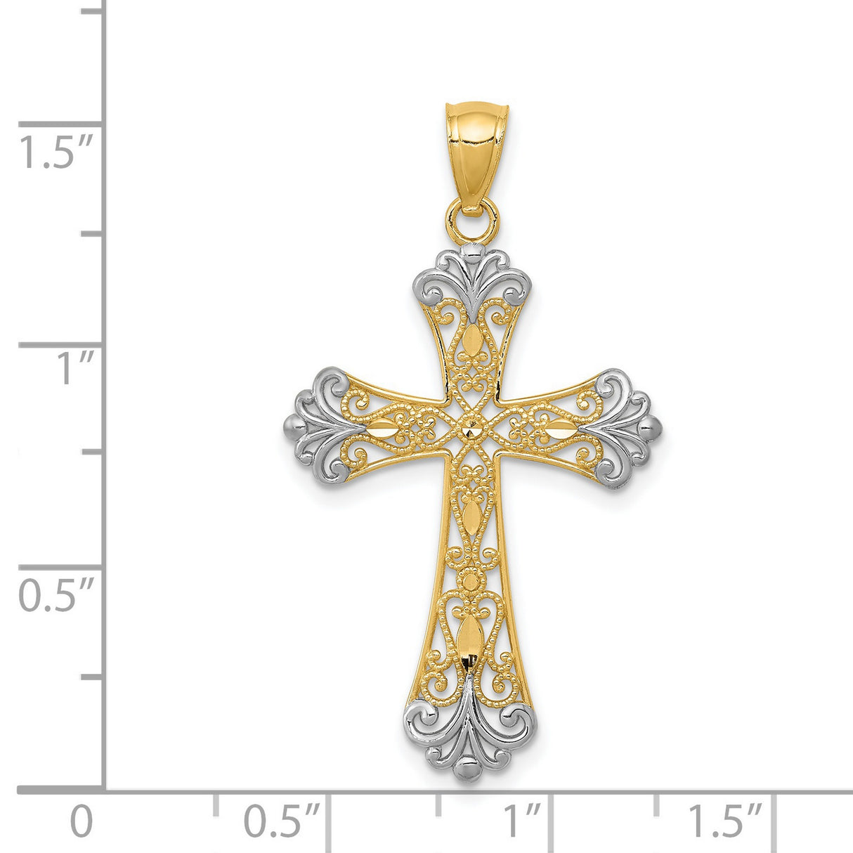 Accented Fleur De Lis Cross Charm Pendant in Real 14k Multi-Tone Gold