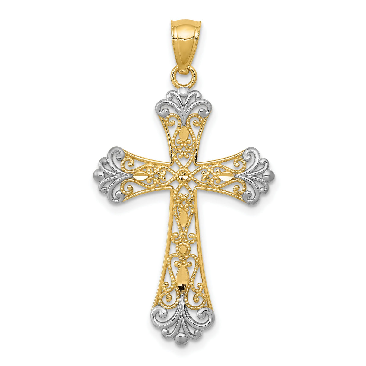 Accented Fleur De Lis Cross Charm Pendant in Real 14k Multi-Tone Gold